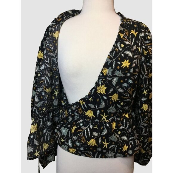 Universal Thread Ruffled V-Neck Navy Floral Long Sleeve Wrap Front Blouse SM - Picture 6 of 12